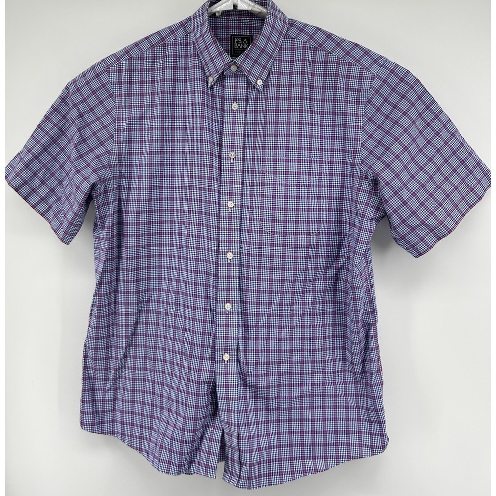 Jos A Bank Traveler Tailored Fit‎ Short Sleeve Button Down Blue Pink Men's Large